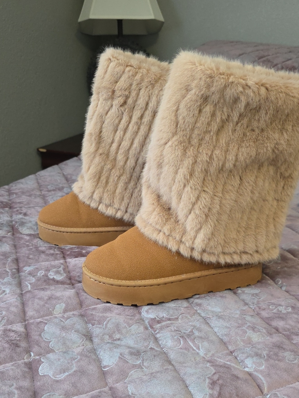 Plush Faux-Fur Mid-Calf Winter Boots - Beige